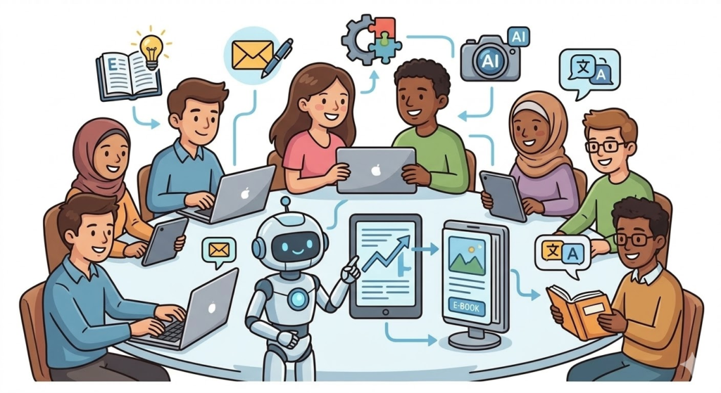 Representación conceptual de la inteligencia artificial integrada en actividades informáticas y de comunicación diarias