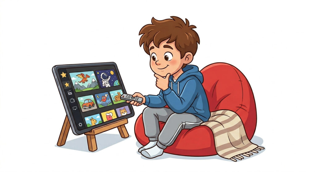 Representación visual de una interfaz de streaming con películas en casa