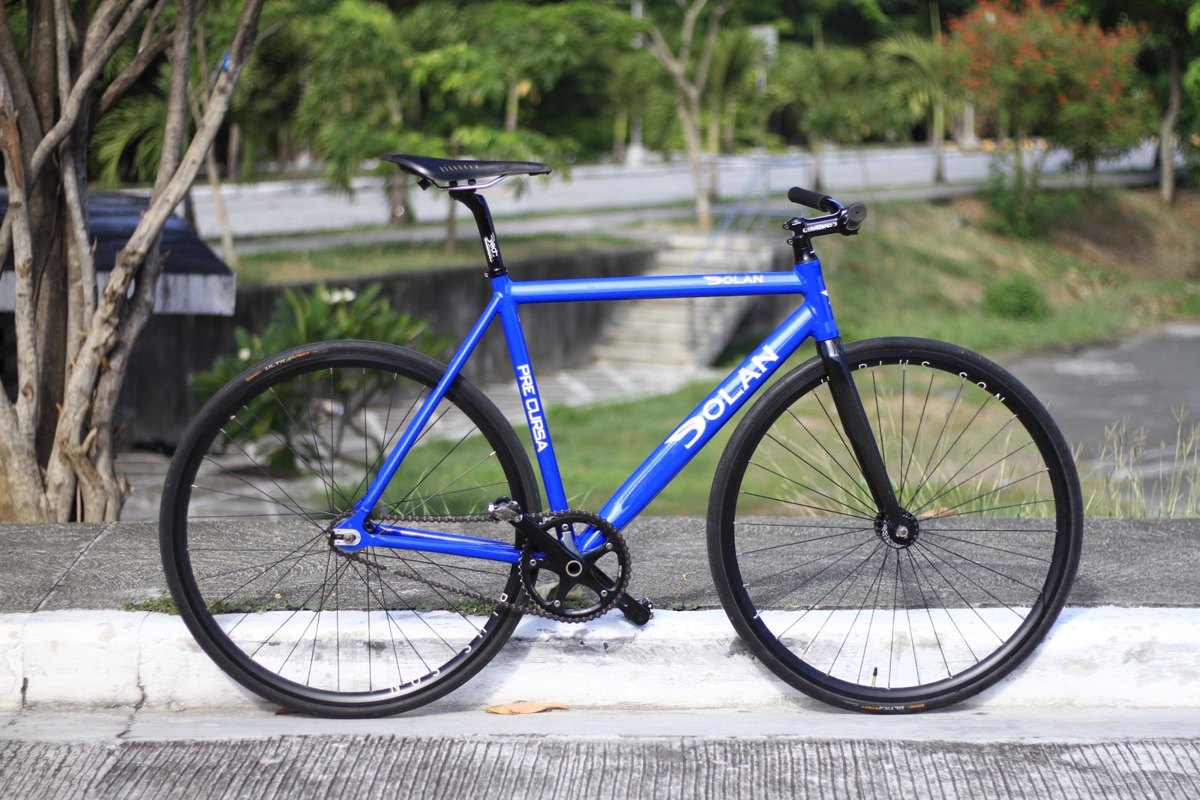 Bicicleta azul estacionada junto a un camino de un parque